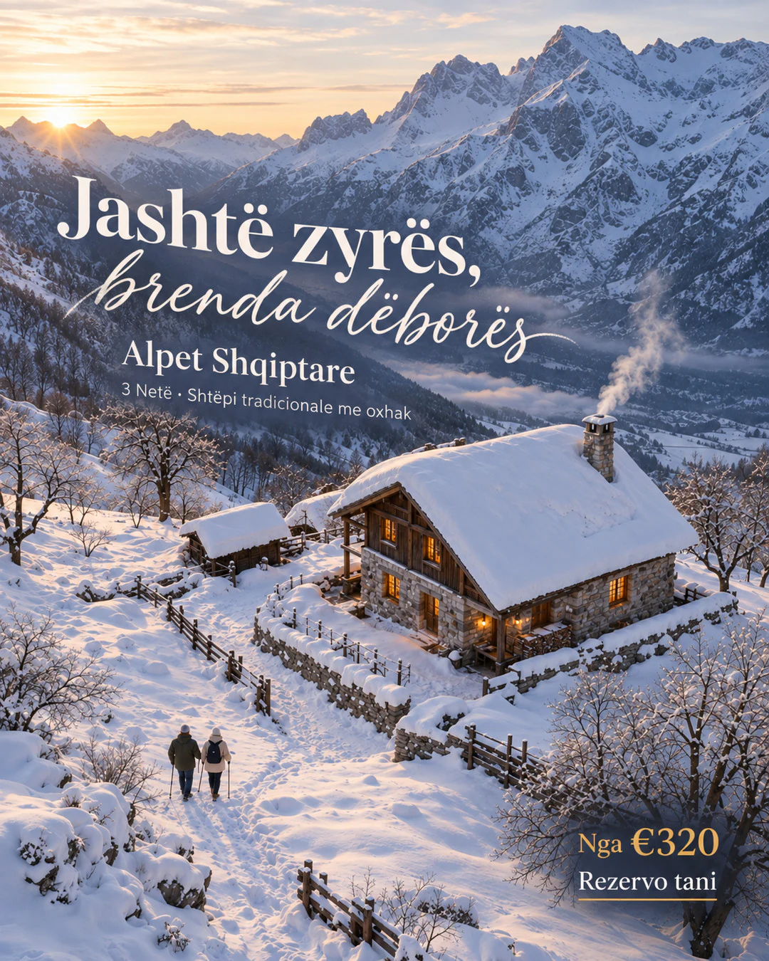 Cabins in the snow in Albanian Alps: an ad made by TourixAI