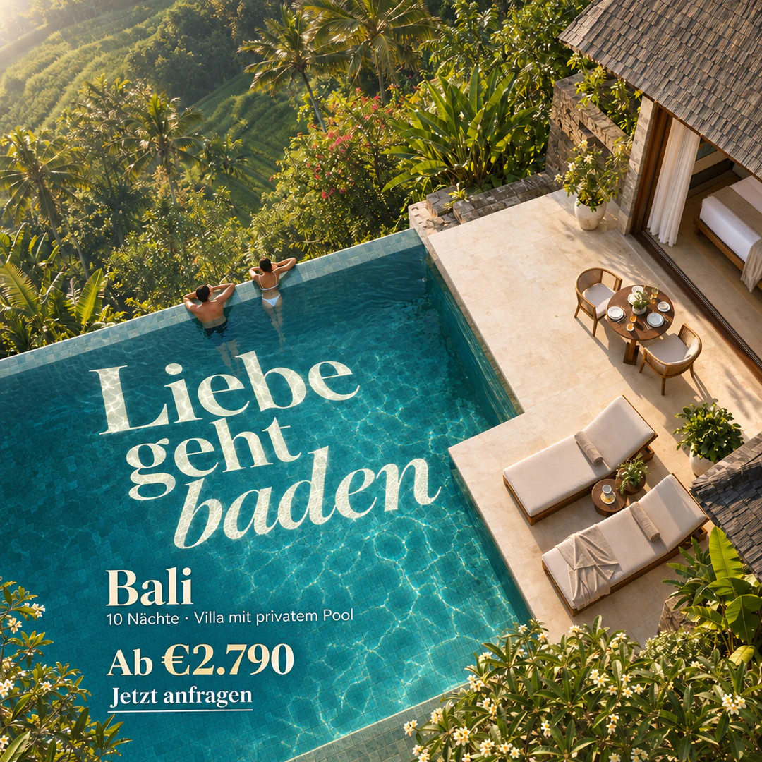Private-pool villa honeymoon in Bali: an ad made by TourixAI