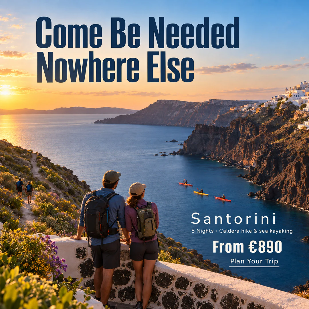 Caldera hike & sea kayaking in Santorini: an ad made by TourixAI