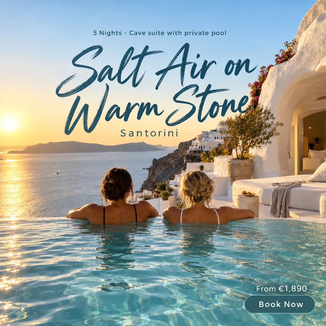 Cave suite with private pool in Santorini: an ad made by TourixAI